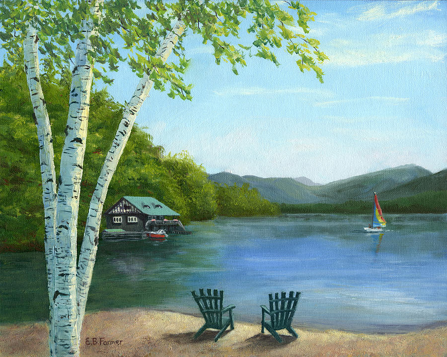 Lake Saranac Boat House Painting by Elaine Farmer