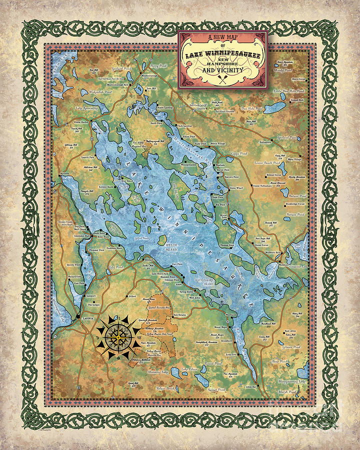 Lake Winnipesaukee map, Lake Winnipesaukee decor, Hand-Painted Historic ...