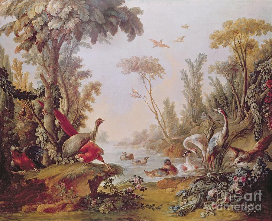 Lake with geese storks parrots and herons Painting by Francois Boucher