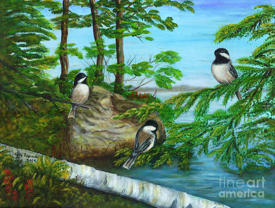 Bird Painting - Lakeside Chickadees by Judy Filarecki