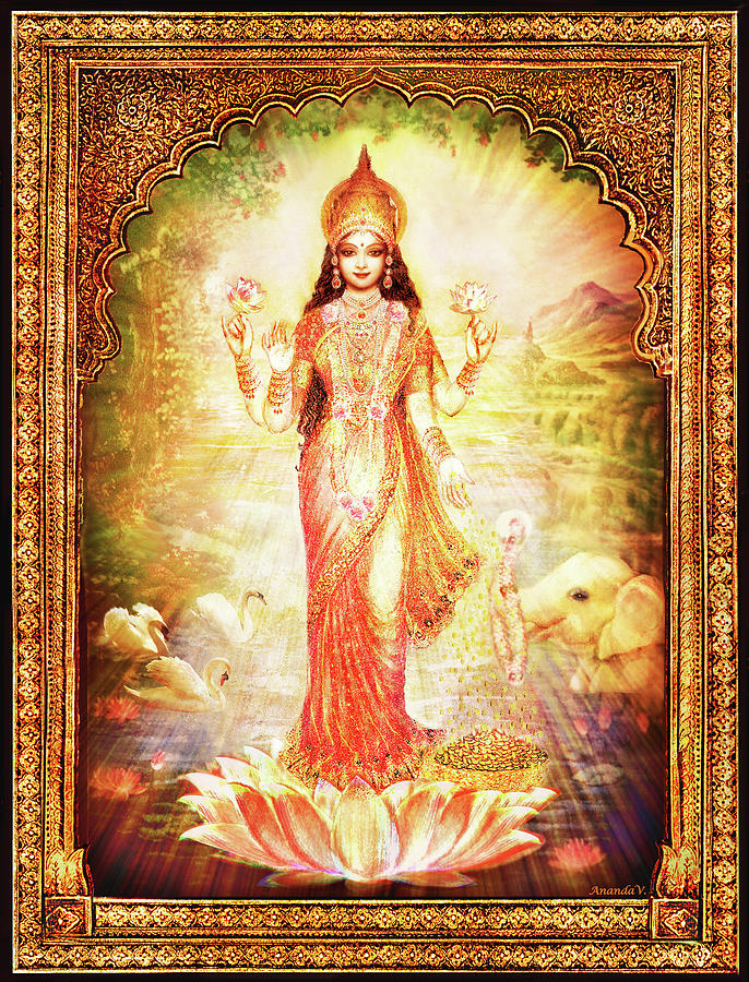 Goddess Mixed Media - Lakshmi Goddess Of Fortune With Lighter Frame by Ananda Vdovic Goddess Mixed Media - Lakshmi Goddess Of Fortune With Lighter Frame by Ananda Vdovic