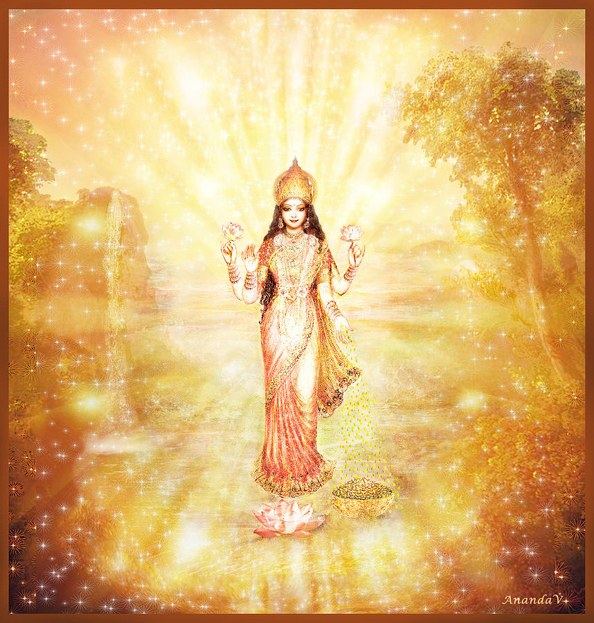 Lakshmi with the Waterfall - light Mixed Media by Ananda Vdovic