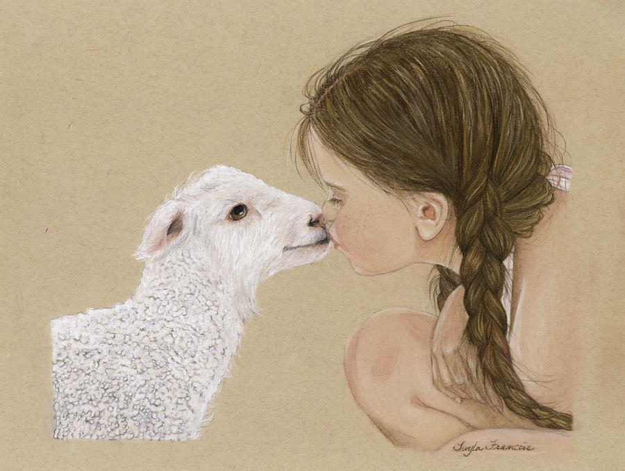 Lamb and Girl Drawing by Twyla Francois
