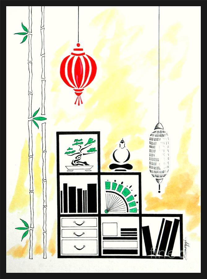 Lamps, Books, Bamboo -- Asian-style Interior Scene Painting by Jayne Somogy