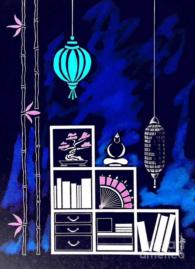 Lamps, Books, Bamboo -- Negative Painting by Jayne Somogy