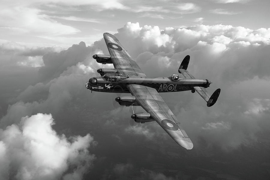 Lancaster W5005 AR-L Leader above clouds BW version Photograph by Gary Eason