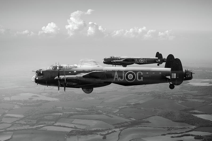 Lancasters AJ-G and AJ-N carrying Upkeeps black and white versio Photograph by Gary Eason