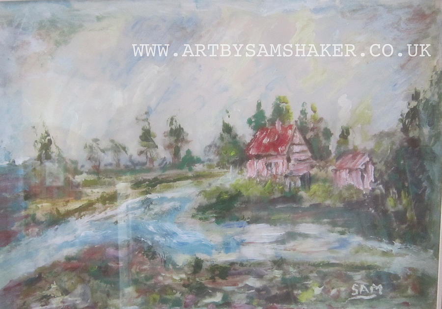 Land scape with red brick house  Painting by Sam Shaker