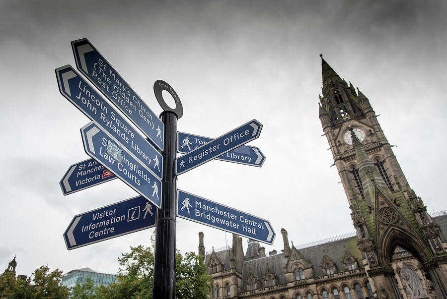 Landmarks signpost Manchester Photograph by Michalakis Ppalis