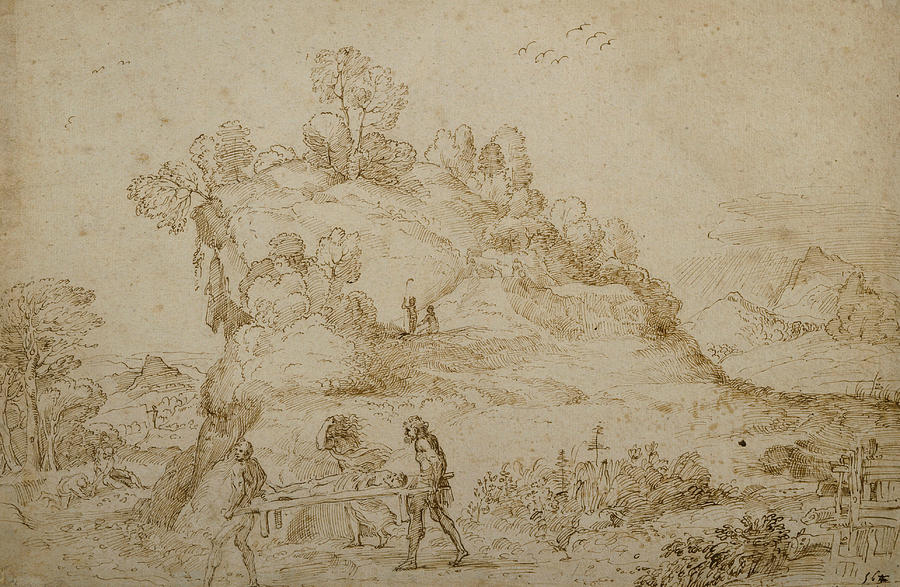Landscape and Figures Drawing by Annibale Carracci
