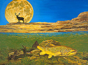 Fish Painting - Landscape Art Fish Art Brown Trout TIMING Bull Elk Full Moon Nature Contemporary Modern Decor by Patti Baslee