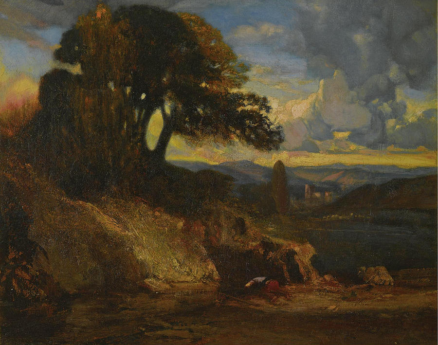 Landscape at sunset Painting by Alexandre-Gabriel Decamps