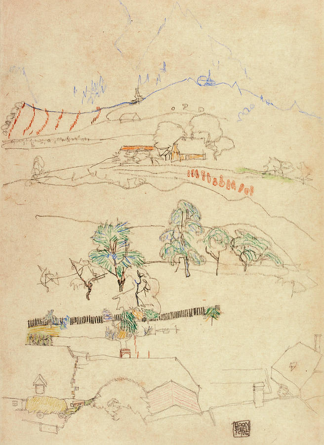 Egon Schiele Drawing - Landscape by Egon Schiele