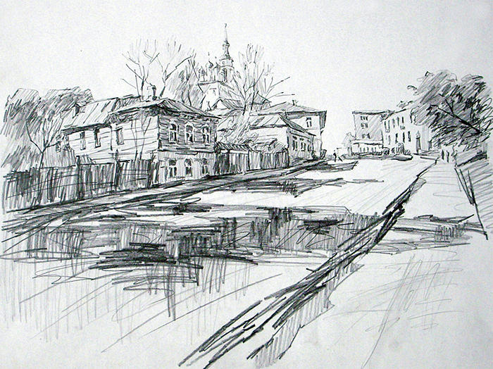 Village landscape rural road drawing. Sketch illustration vector: Royalty  Free #177053406