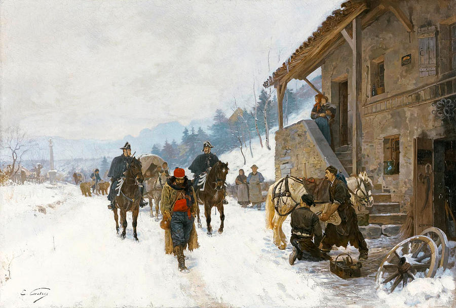 Landscape in Winter with Jugglers dancing Bears and Gendarmes on Horseback Painting by Edouard Castres
