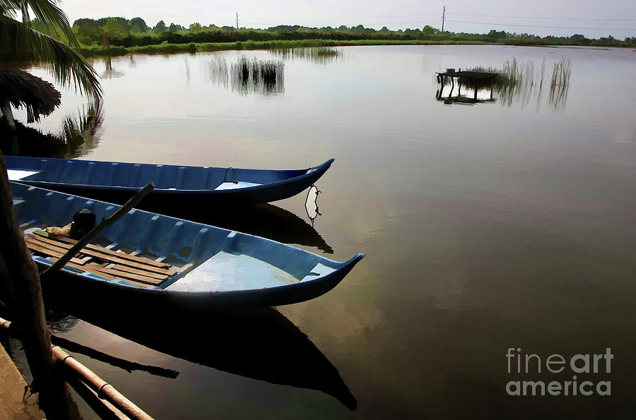 Landscape Lake Vietnamese Boats Paint  Photograph by Chuck Kuhn