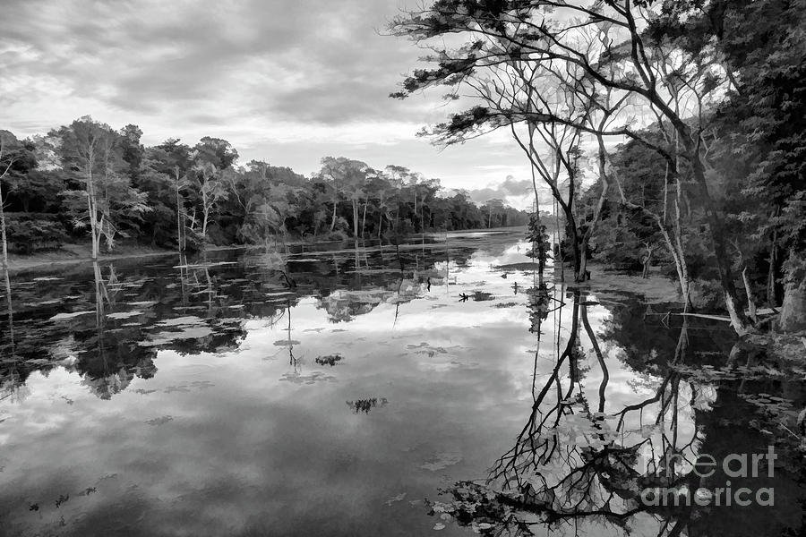 Landscape Moat Black White Surrounds Angkor Wat Cambodia Photograph by Chuck Kuhn