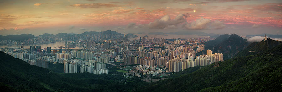 Landscape of Hong kong and Kowloon in sunrise morning with mist  Photograph by Anek Suwannaphoom