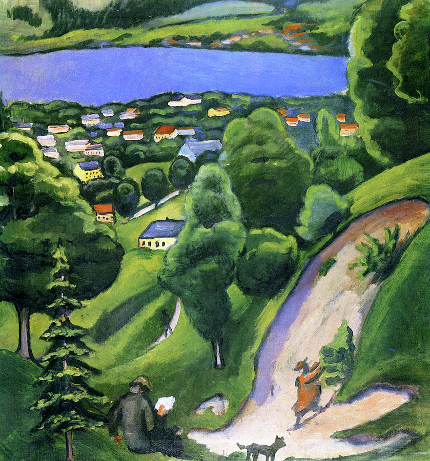 August Macke Painting - Landscape on the Teggernsee with a Reading Man by August Macke
