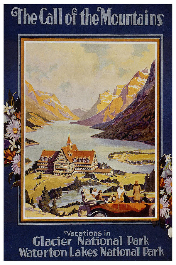 Landscape Painting Of A Mansion By A Lake Shore In Glacier National Park- Vintage Travel Poster Painting