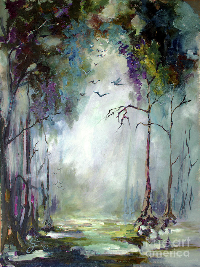 Landscape Portrait Wetland Misty Morning with Birds Painting by Ginette Callaway
