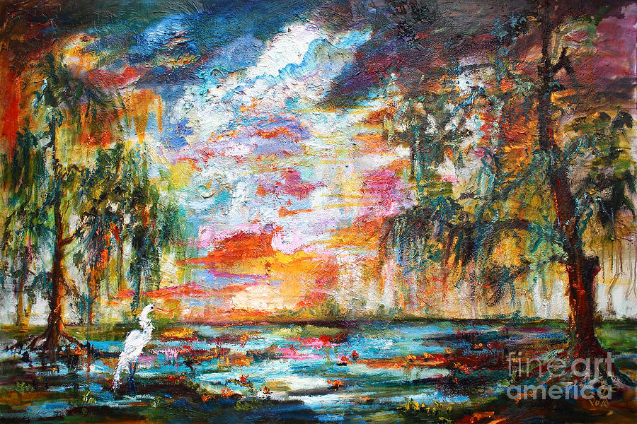 Landscape Okefenokee Sunset with Egret Painting by Ginette Callaway