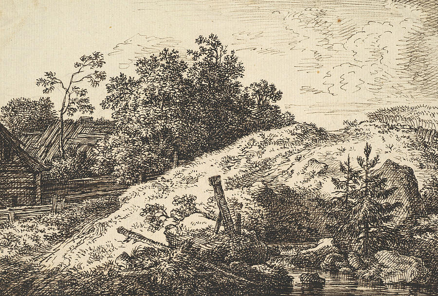 Landscape with a Brook and Farm Buildings Drawing by Ferdinand Kobell