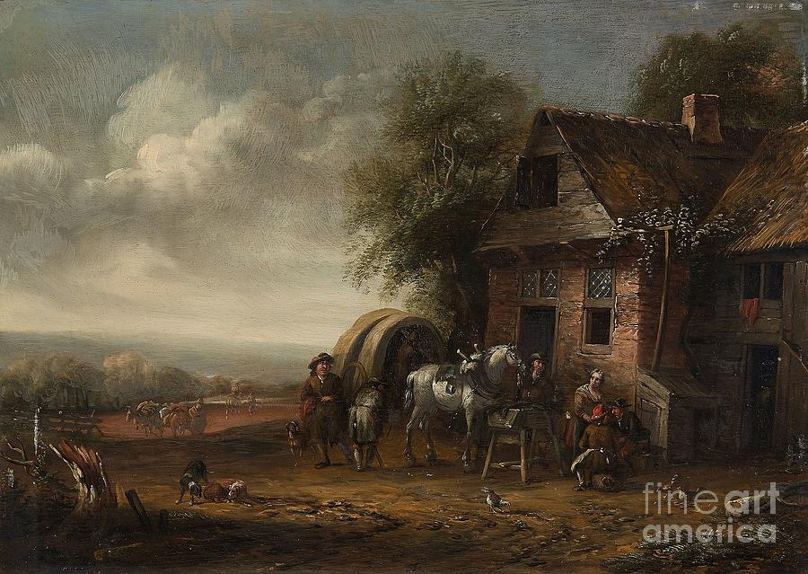 Landscape with a Farmhouse and Resting Travellers Painting by Celestial Images