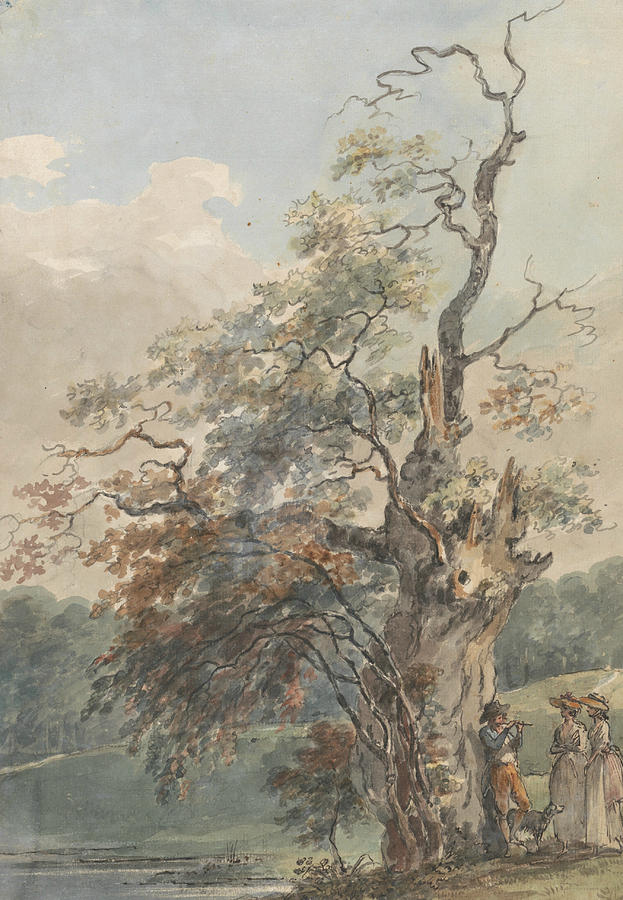 Landscape with a Man Playing a Pipe Under an Old Tree Painting by Paul Sandby