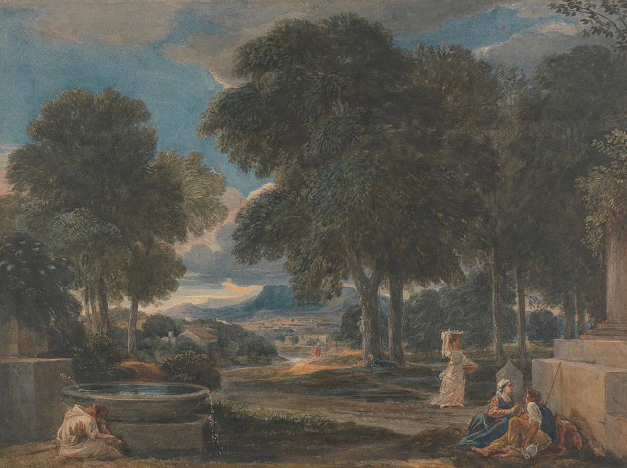 Landscape with a Man Washing His Feet at a Fountain, after Poussin Painting by David Cox
