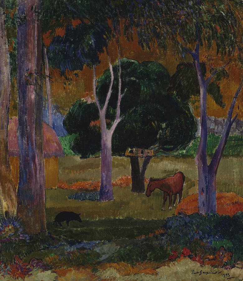 Landscape with a Pig and a Horse  Painting by Paul Gauguin
