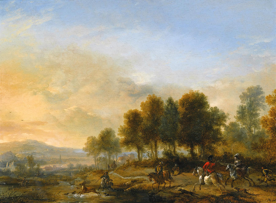 Landscape with a Stag Hunt Painting by Philips Wouwerman