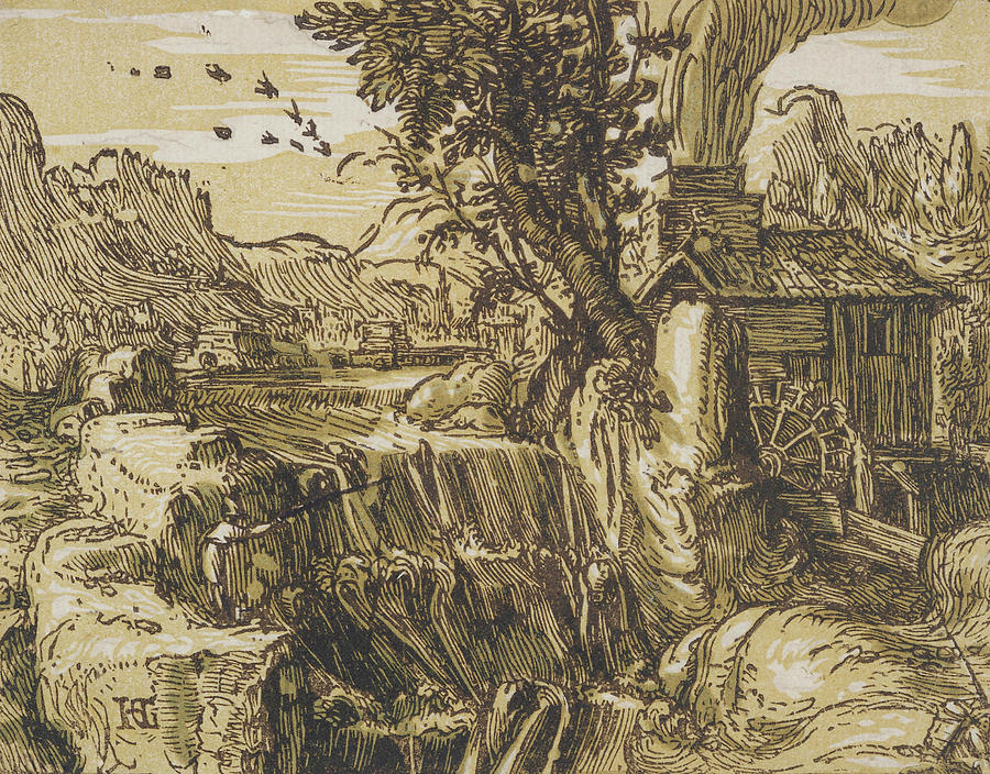 Landscape with a Waterfall Relief by Hendrik Goltzius