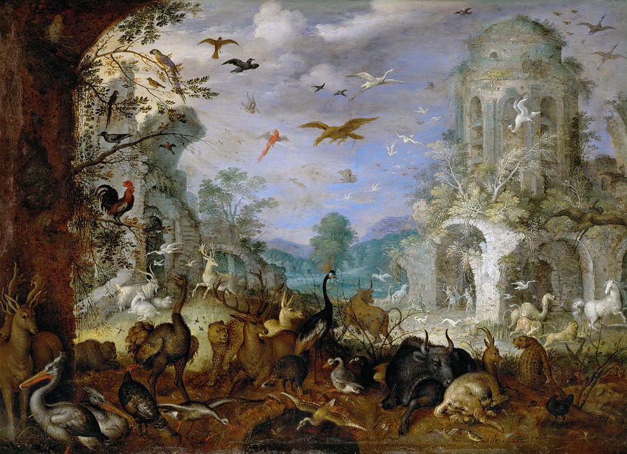 Landscape with animals. In the background Orpheus and the Thracian women  Painting by Roelant Savery