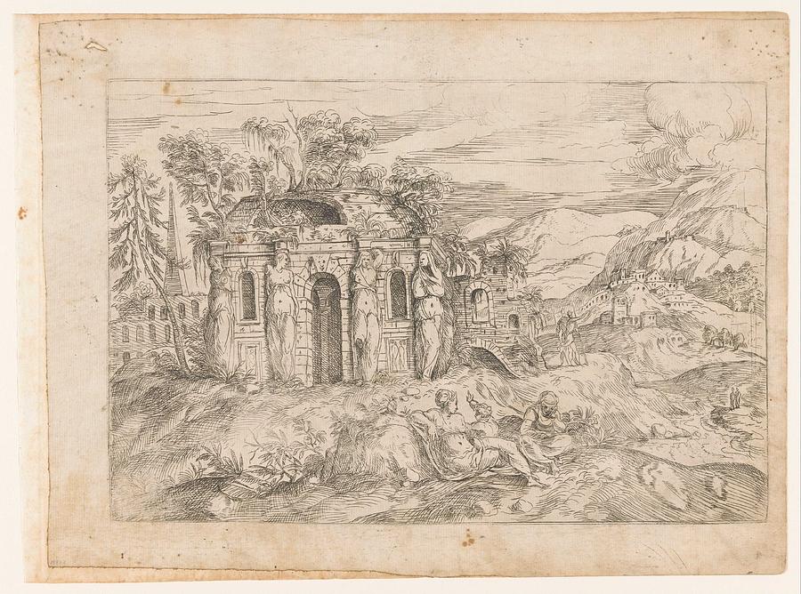 Landscape with antique temple with caryatids, Giovanni Battista Pittoni ...