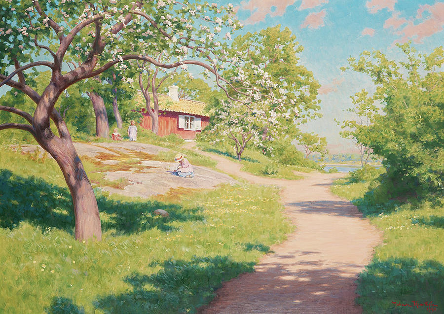 Flower Painting -  Landscape with apple trees and playing children by Johan Krouthen
