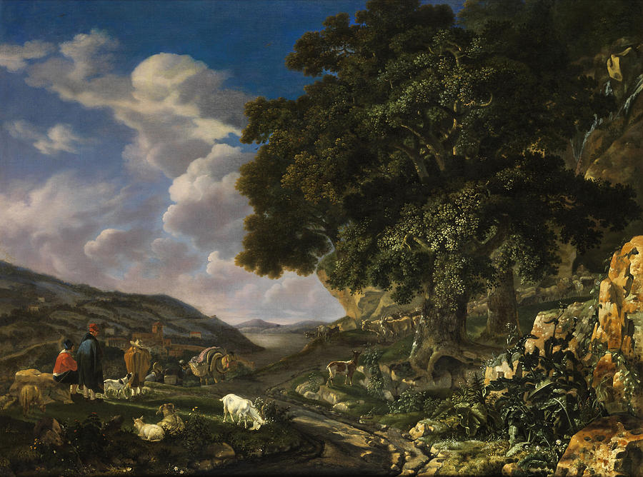 Landscape With Big Oak Tree Painting by Abraham Jansz