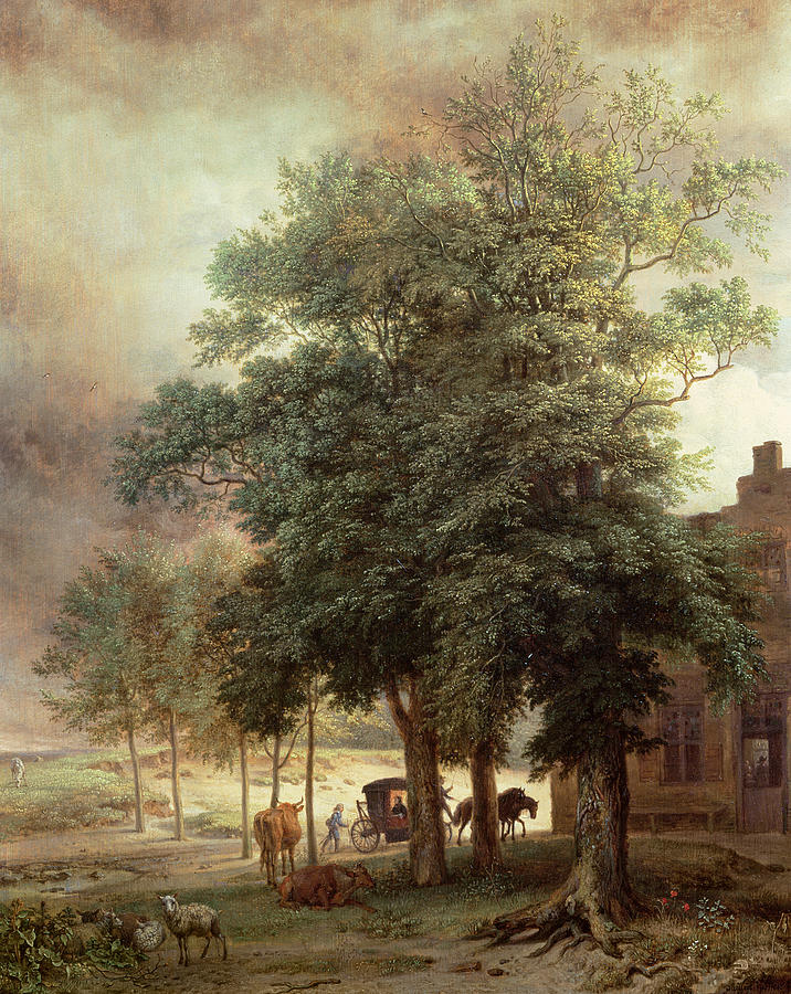 Paulus Potter Painting - Landscape with carriage or House beyond the trees by Paulus Potter