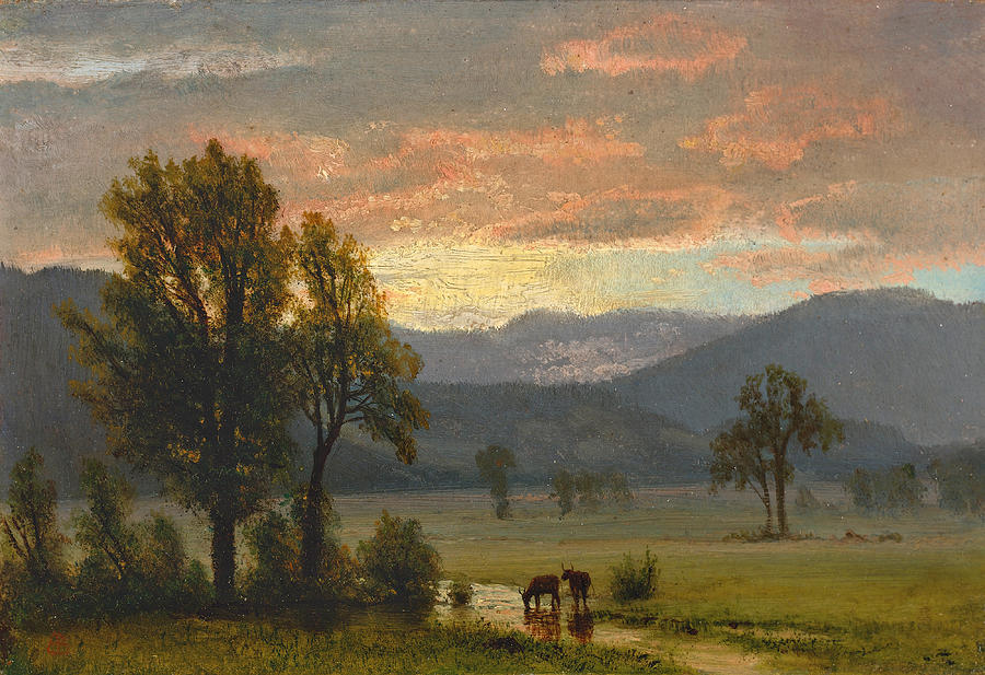Albert Bierstadt  Painting - Landscape with Cattle by Albert Bierstadt