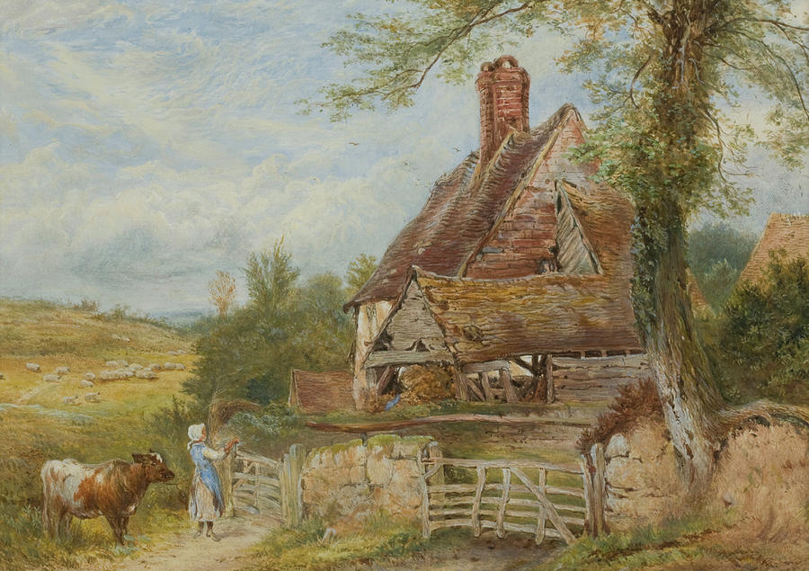 Cow Painting - Landscape with Cottage, Girl and Cow by Myles Birket Foster