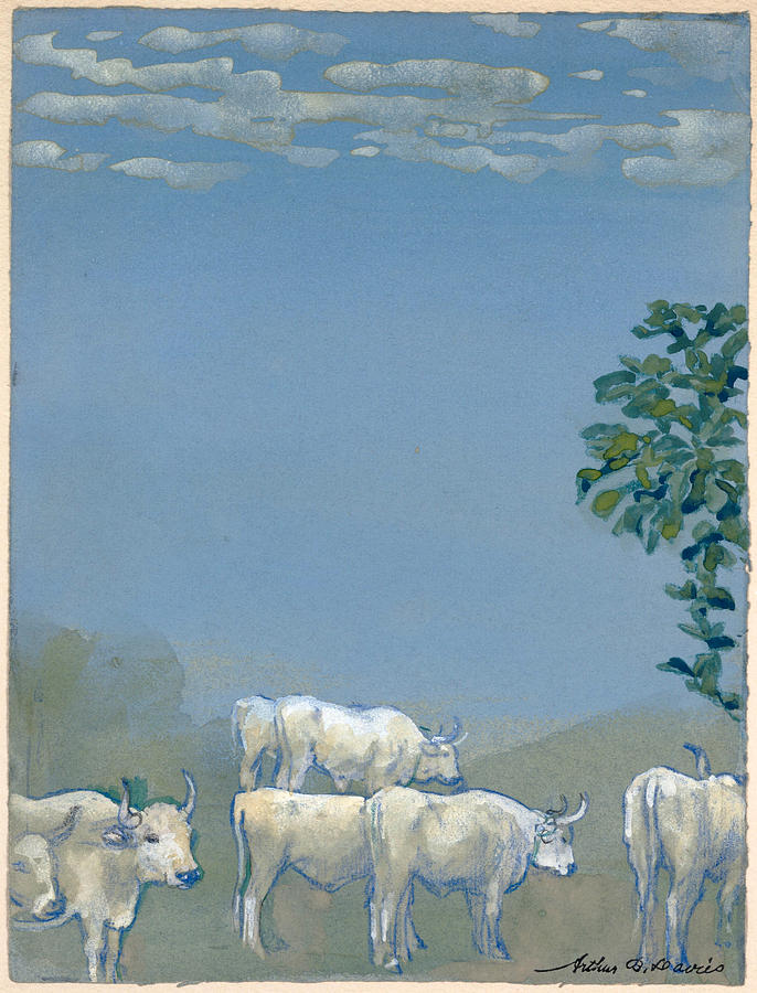 Arthur Bowen Davies Drawing - Landscape with Cows by Arthur Bowen Davies