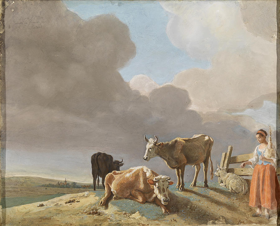 Landscape with Cows, Sheep and Shepherdess Drawing by Jean-Etienne Liotard