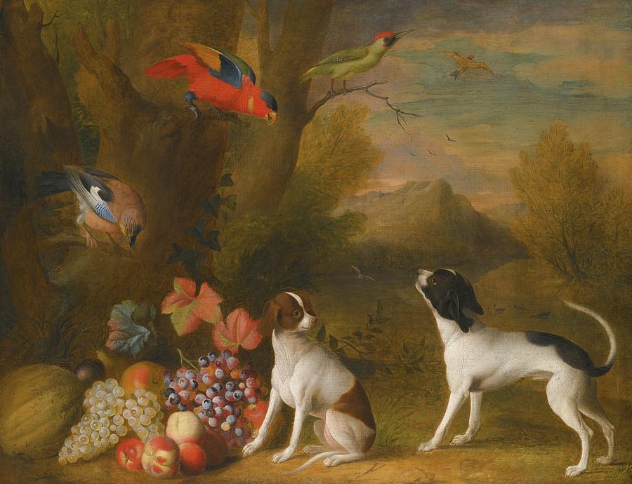Landscape With Exotic Birds And Two Dogs Painting by Jakob Bogdany