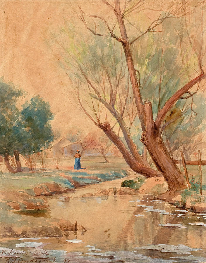 Landscape with Figure and Stream Drawing by Robert Jenkins Onderdonk