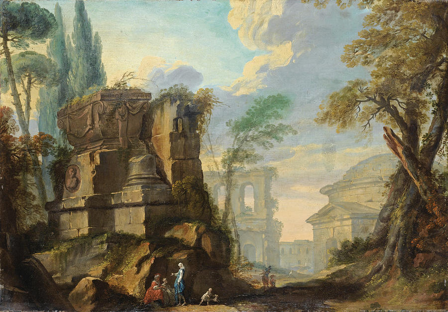 Landscape with Figures among Roman Ruins Painting by Jean Barbault