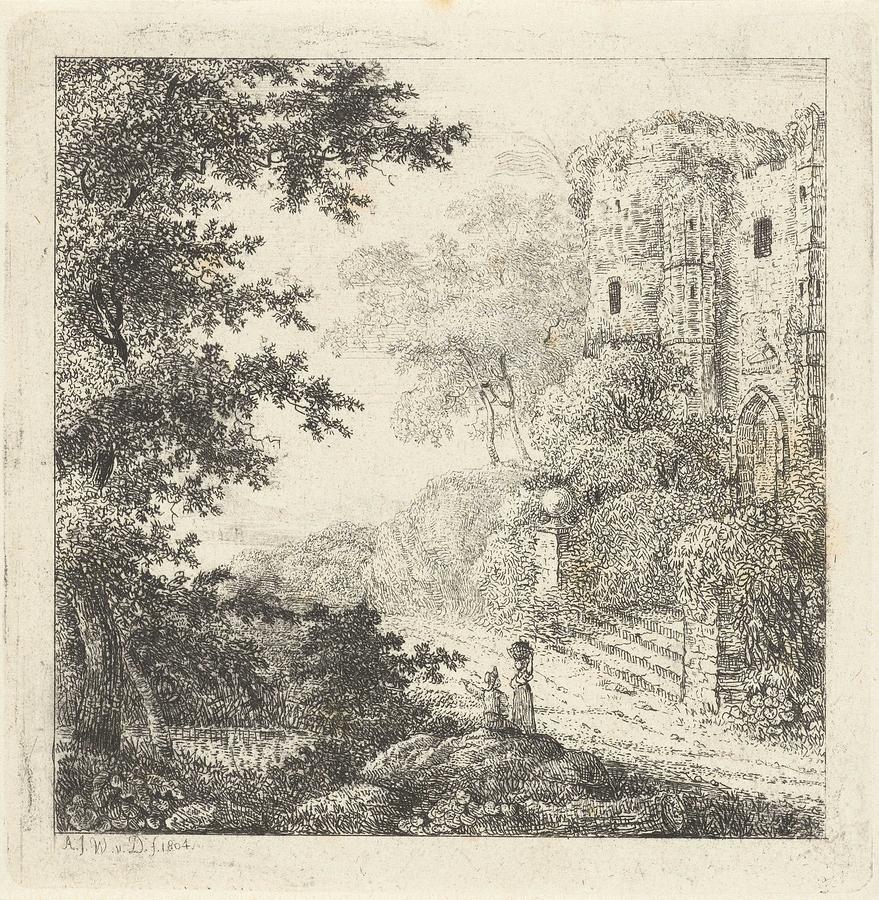 Landscape With Figures At Ruin Of Castle, Adriaan Jacob Willem Van Dielen, 1804 Painting