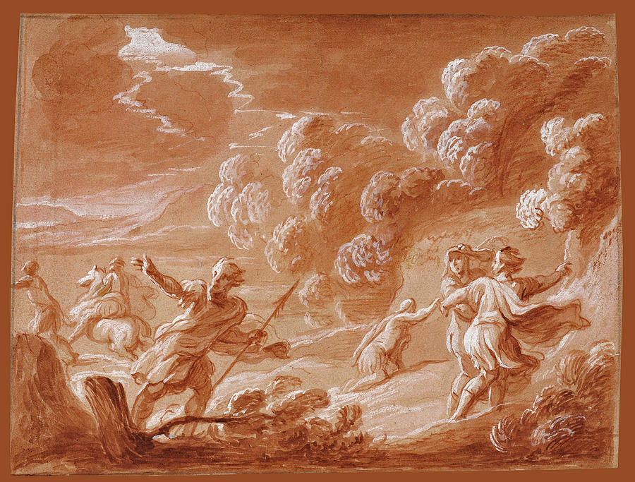 Landscape with Figures in a Storm possibly Dido and Aeneas Drawing by Attributed to Jan Boeckhorst