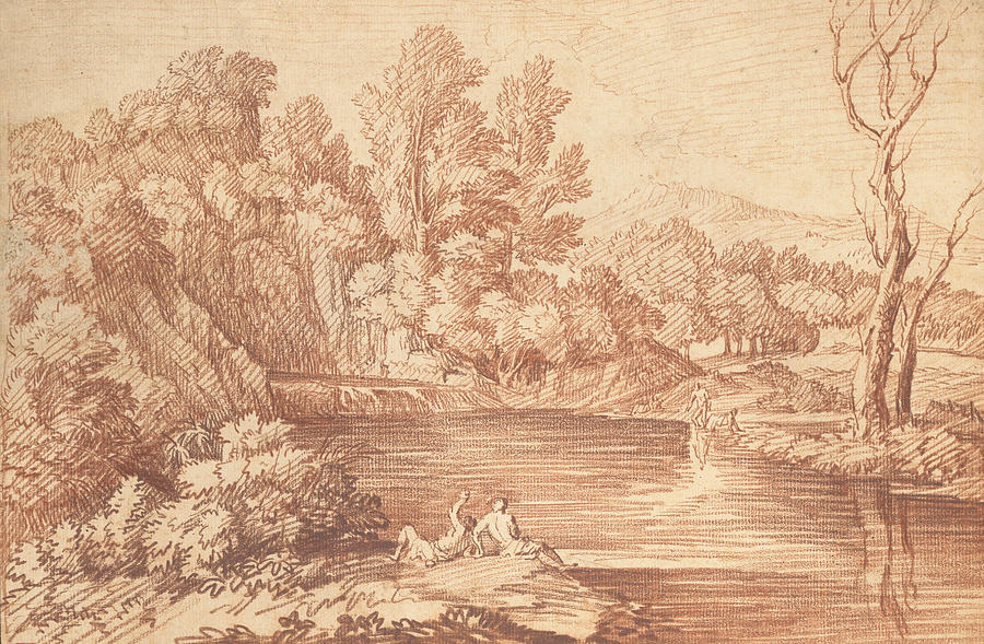 Landscape with Figures on the Bank of a River Photograph by Gaspard Dughet