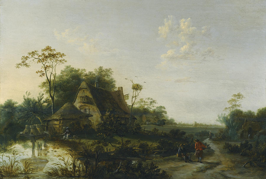 Landscape with Figures passing by a Cottage and a Pond Painting by Cornelis Snellinck