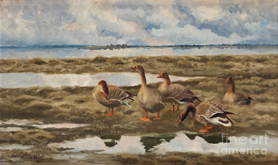 Landscape With Geese Painting by Celestial Images